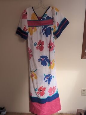 Hilda Hawaii White Maxi Dress with Pink, Blue and Yellow Floral Print